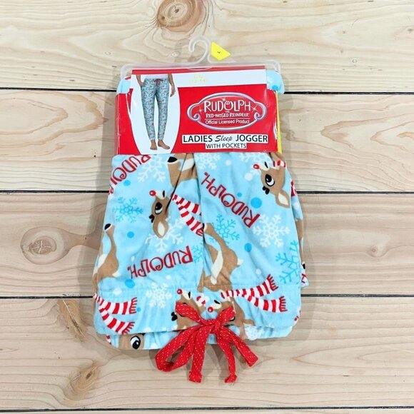 NEW 12-14 L Women's Soft Velour Rudolph the Red Nose Reindeer Sleep Jogger - Picture 1 of 4